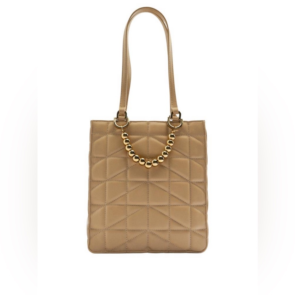 Zara Beige Quilted Shopping Tote Bag With Metal Detail